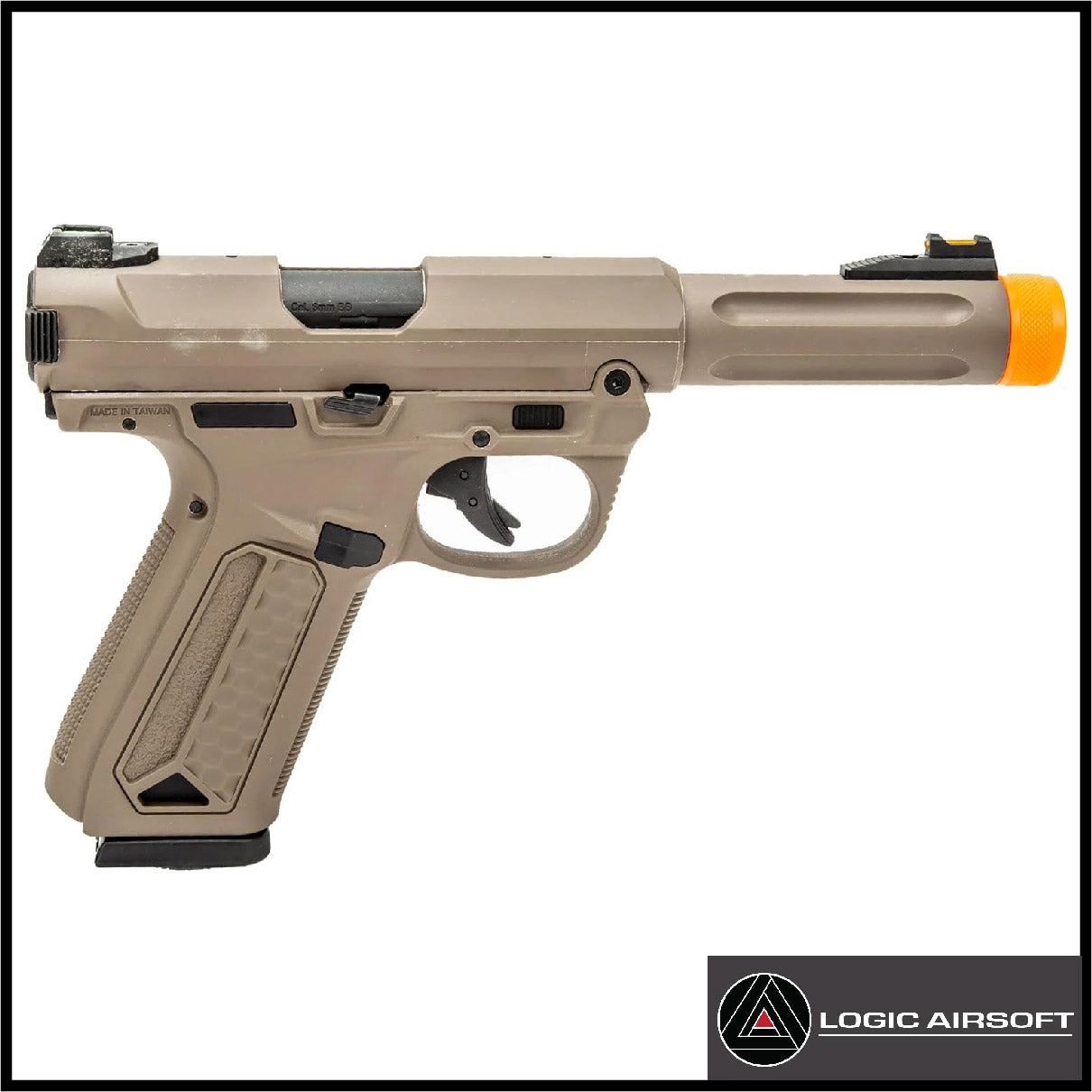 FDE airsoft gas blowback pistol close-up with orange muzzle tip, grip pattern, and trigger