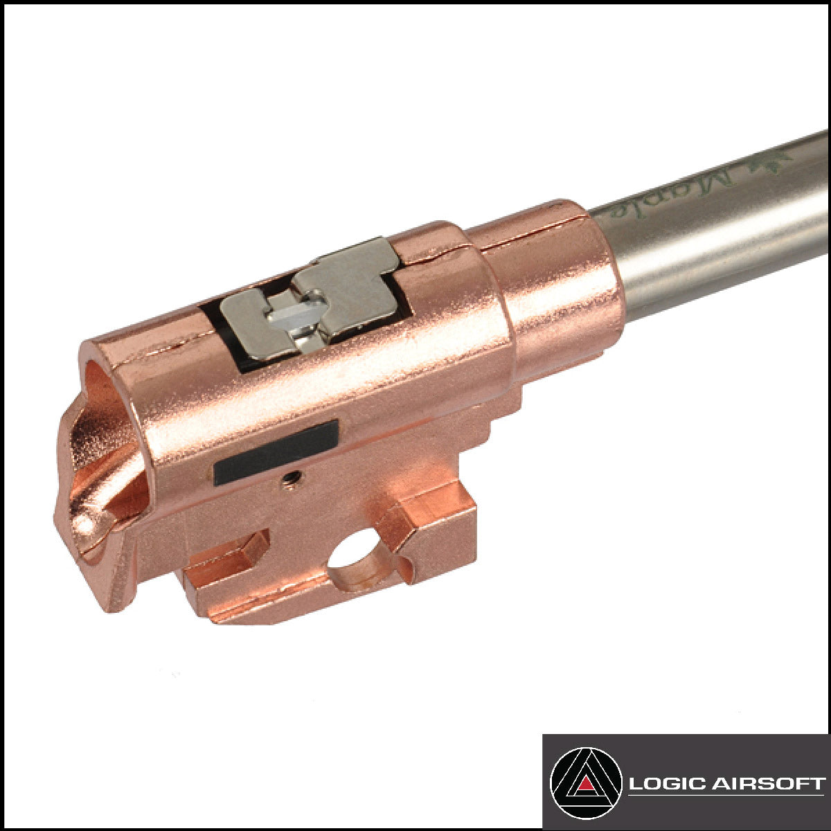 Hi-Capa hop-up chamber close-up on barrel, copper and gold-tone metal components