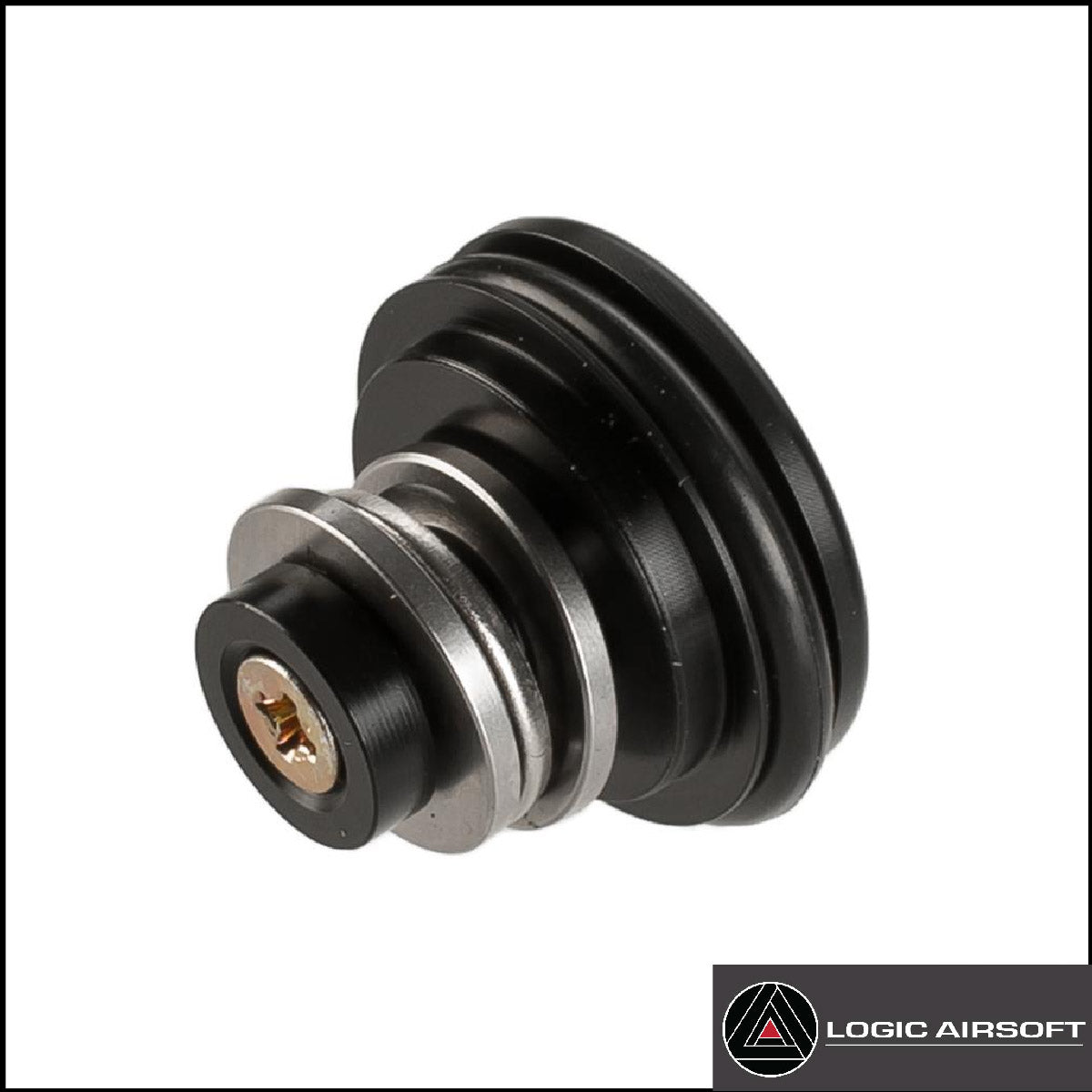 Expanding piston head side view with black housing, silver metal rings and brass insert