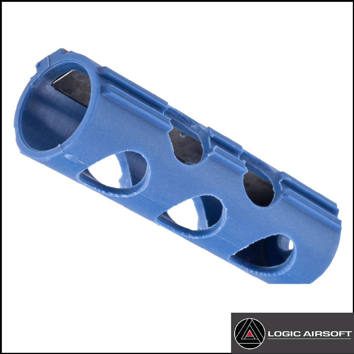 Blue POM airsoft piston core with cutouts and visible steel-tooth gear section
