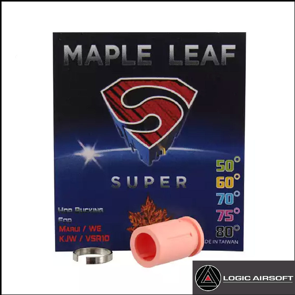 Maple Leaf SUPER Hop-Up Bucking in pink; package shows tuning degrees 50°–80°