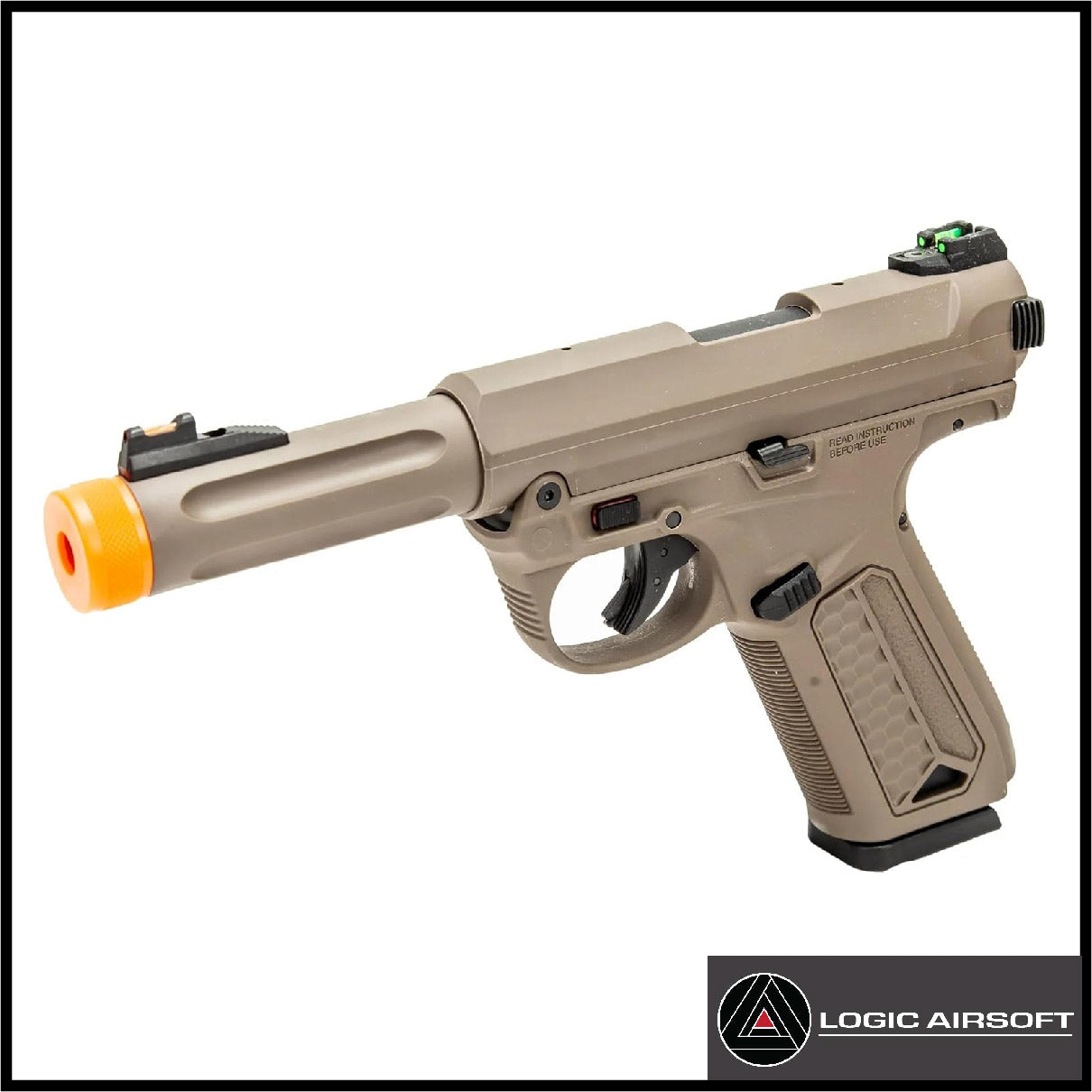 FDE airsoft gas blowback pistol with orange muzzle tip, textured grip, and rear slide controls