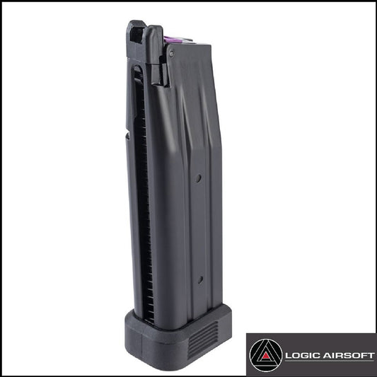 Dark gray airsoft pistol magazine with ribbed base, side view