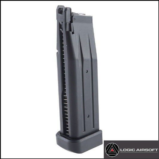 Dark gray airsoft pistol magazine, open top and feed lips, front angle