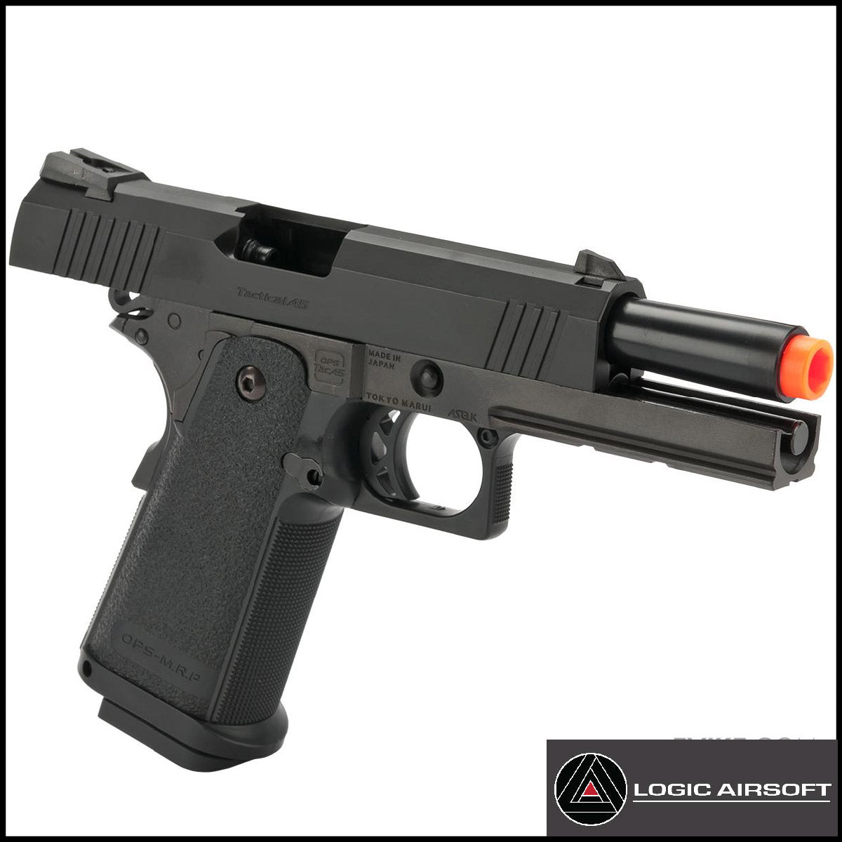 Hi-CAPA 4.3 gas blowback pistol, side view with orange barrel insert