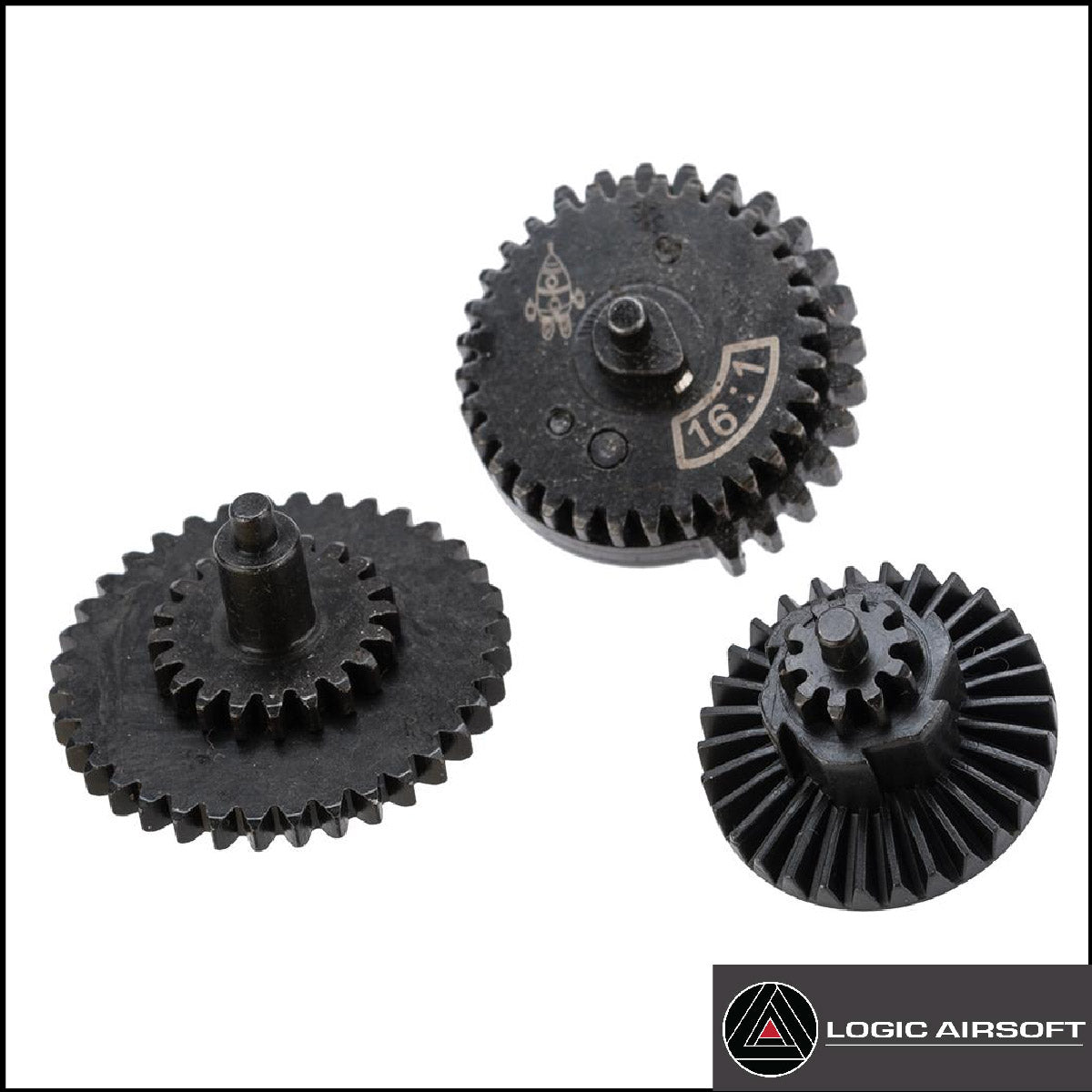 Steel AEG gearbox gears with 16:1 marking on a wheel; three spur wheels
