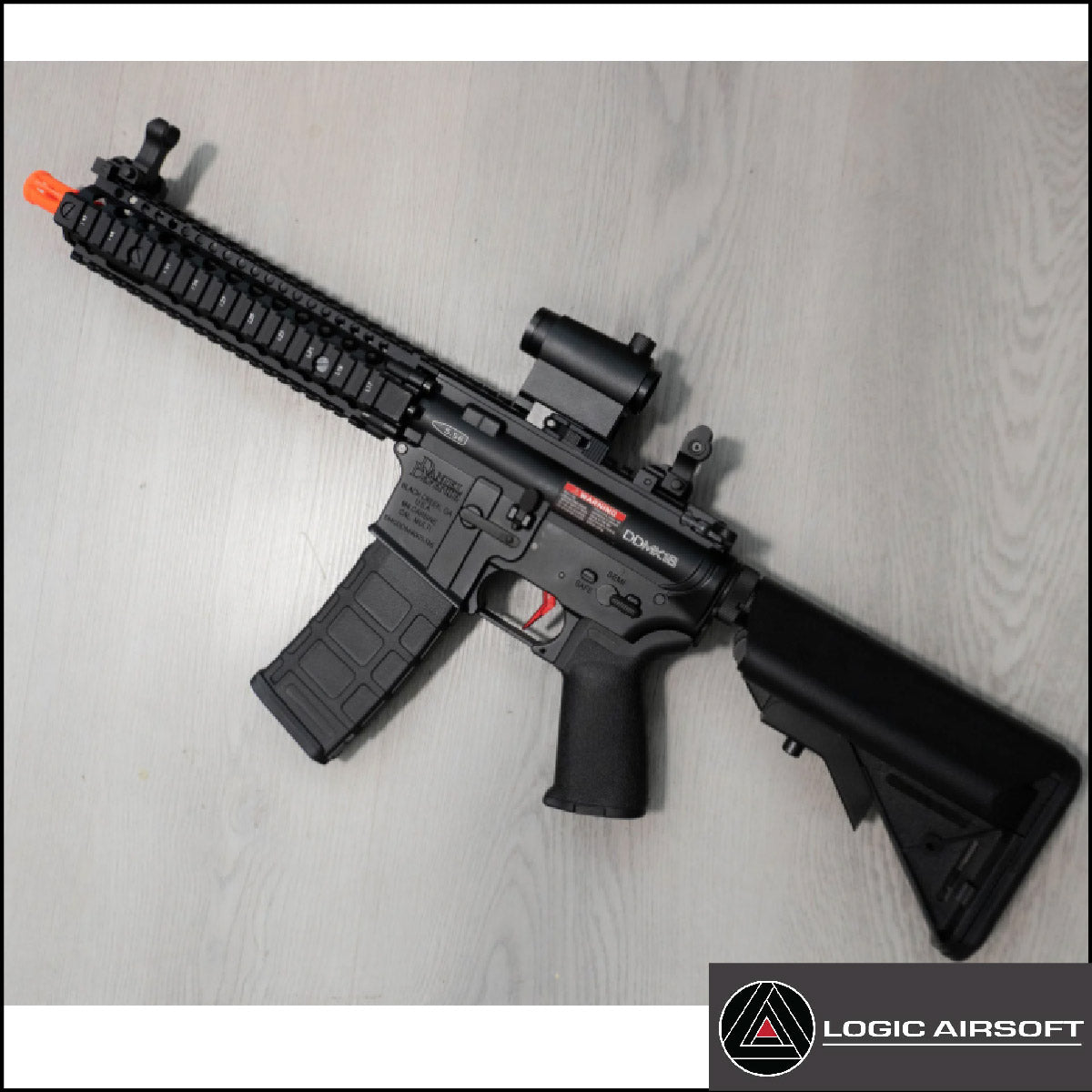 DDM4 MK18 'Rage' SSG AEG airsoft gun—black with rail, scope mount, stock