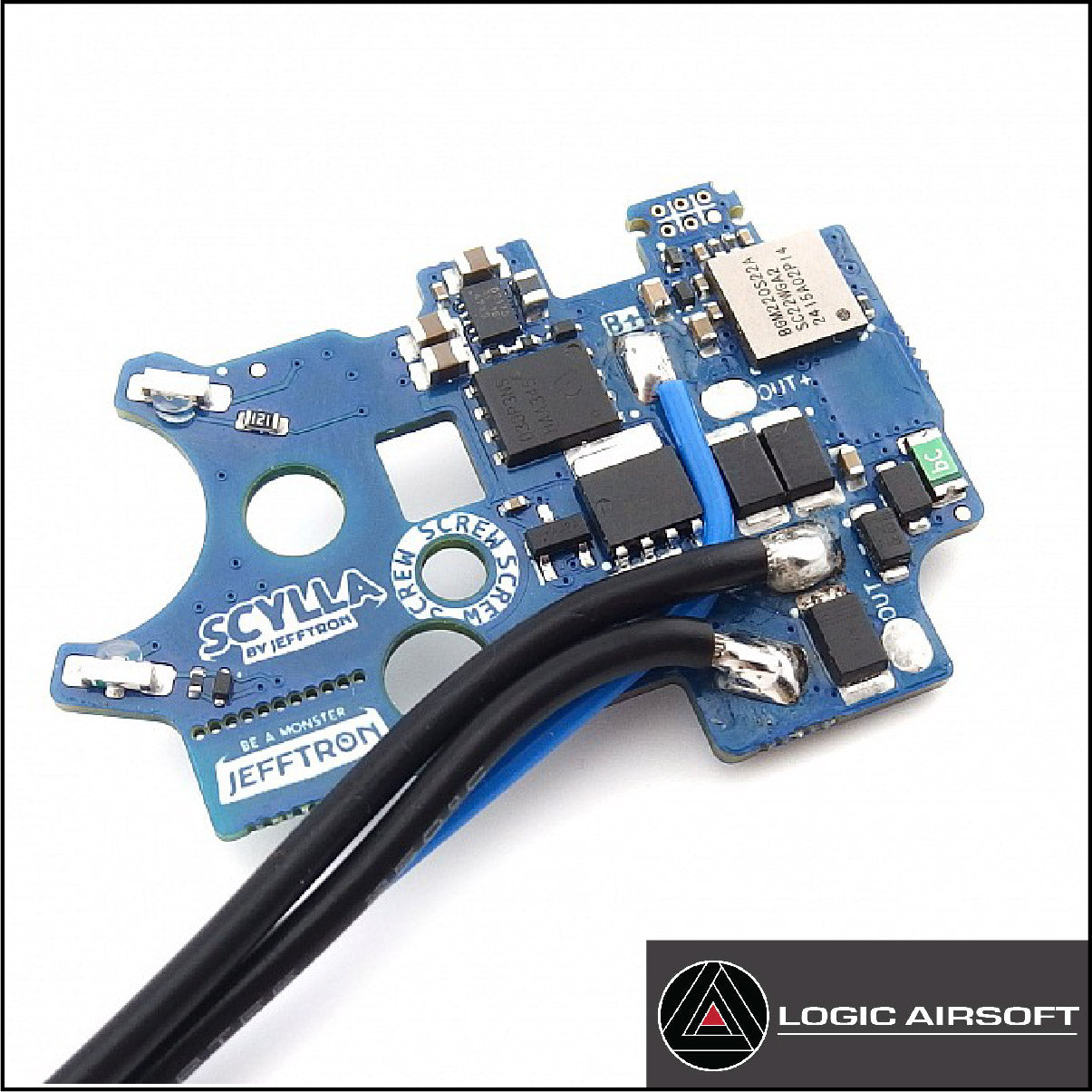 Blue Scylla V2 drop-in programmable MOSFET module circuit board with wiring harness