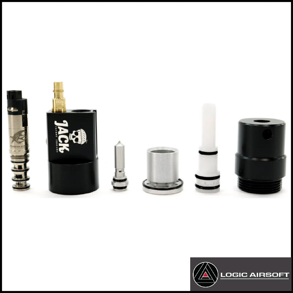 Electro-pneumatic gearbox conversion kit parts: black housing, fittings and spacers