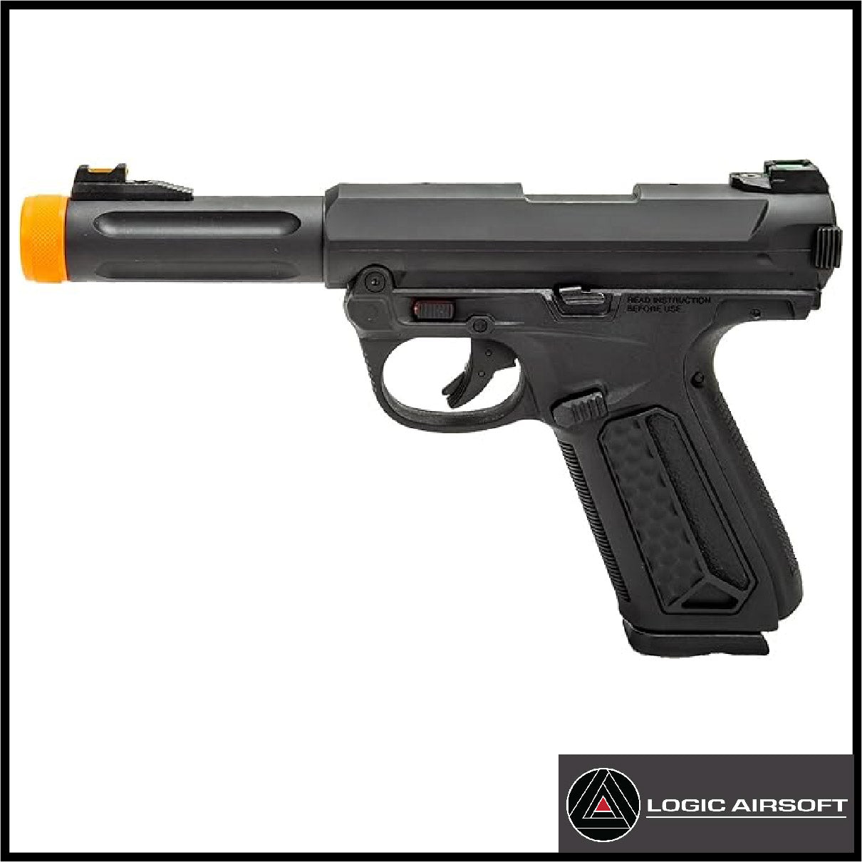 Black airsoft gas blowback pistol with orange muzzle tip, textured grip and trigger
