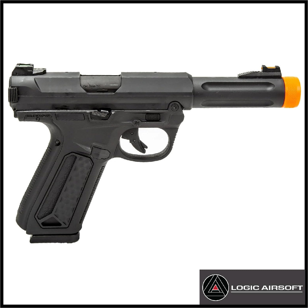 Black airsoft gas blowback pistol side view with orange muzzle tip and stippled grip