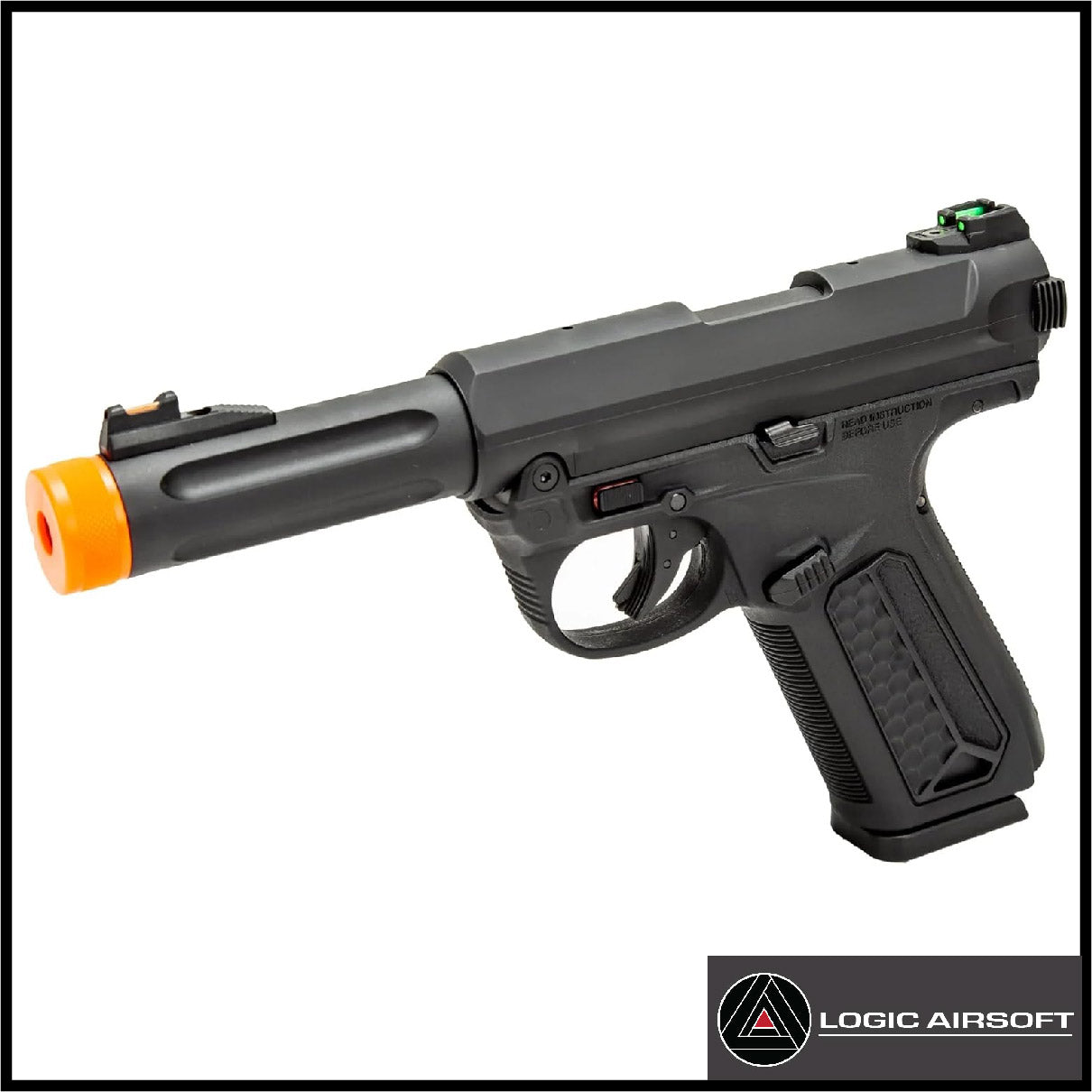 Black airsoft gas blowback pistol angled view with orange muzzle tip and front controls