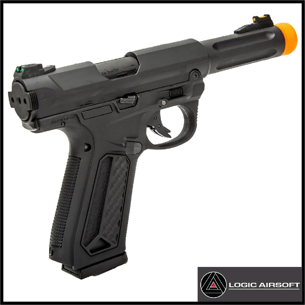 Black airsoft gas blowback pistol close-up with orange muzzle tip, textured grip and sights