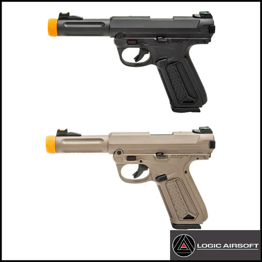 Airsoft gas blowback pistol in black and FDE, slide with iron sights and grip texture