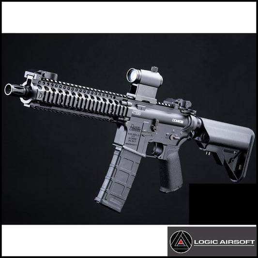 Gray and black airsoft AEG rifle with rail, red-dot style optic, and magazine