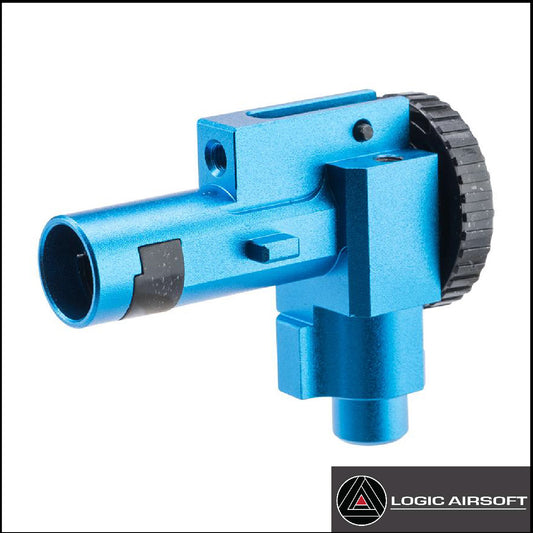 Blue CNC hop-up chamber for M4/M16 AEG airsoft, cylindrical port and window