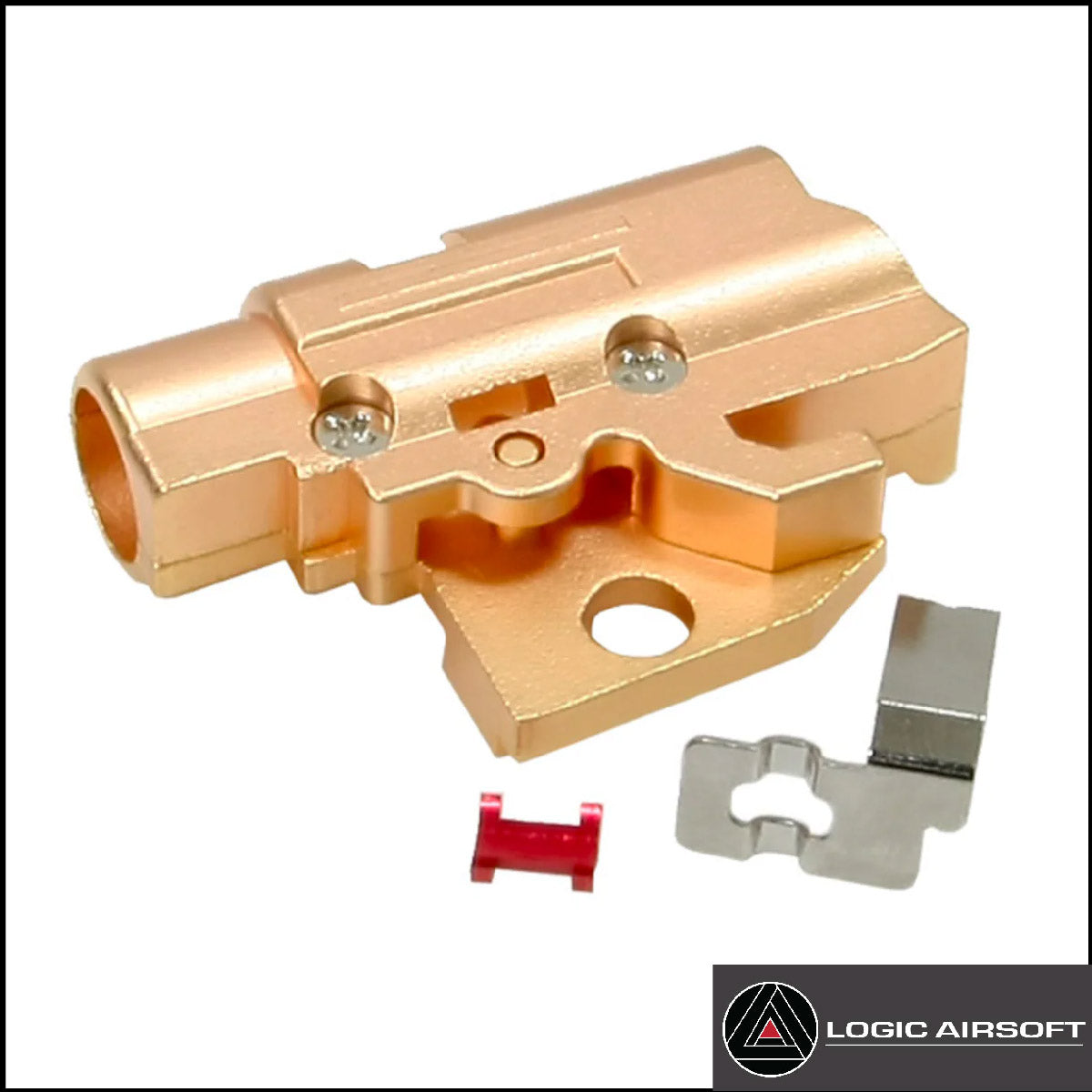Hi-Capa hop-up chamber set, gold-tone metal housing with mounting screws and plates