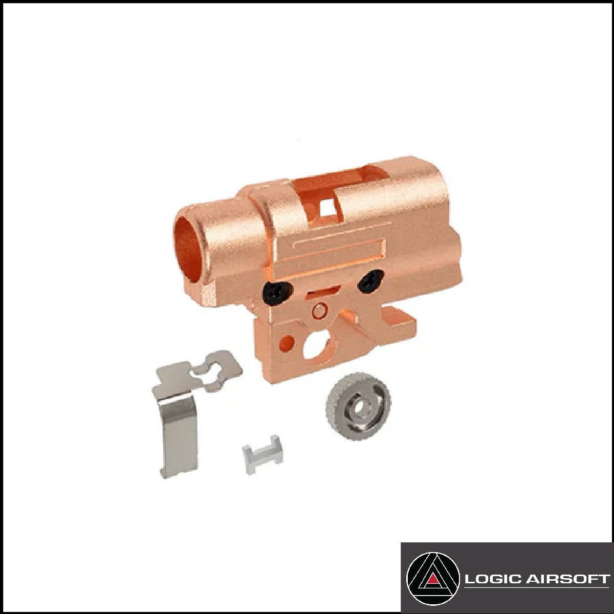 Hi-Capa hop-up chamber set parts: copper housing, small screws, and metal brackets