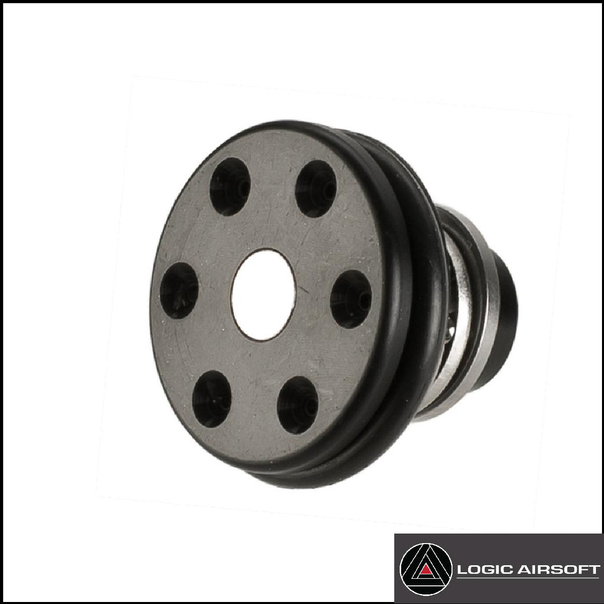 Expanding piston head with black outer ring, grey plate and four side holes