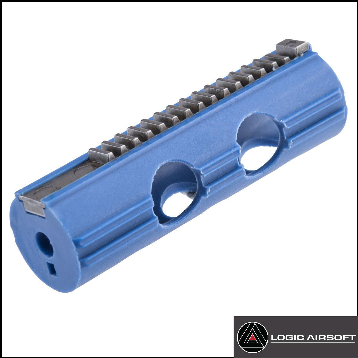 Blue POM airsoft piston with 15 steel teeth and two circular connector openings