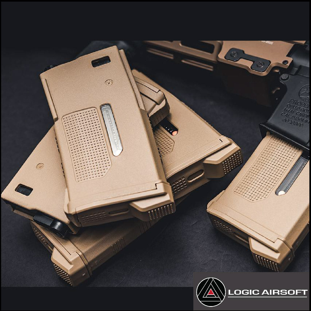 FDE short airsoft magazine, two-piece view showing textured panels and window