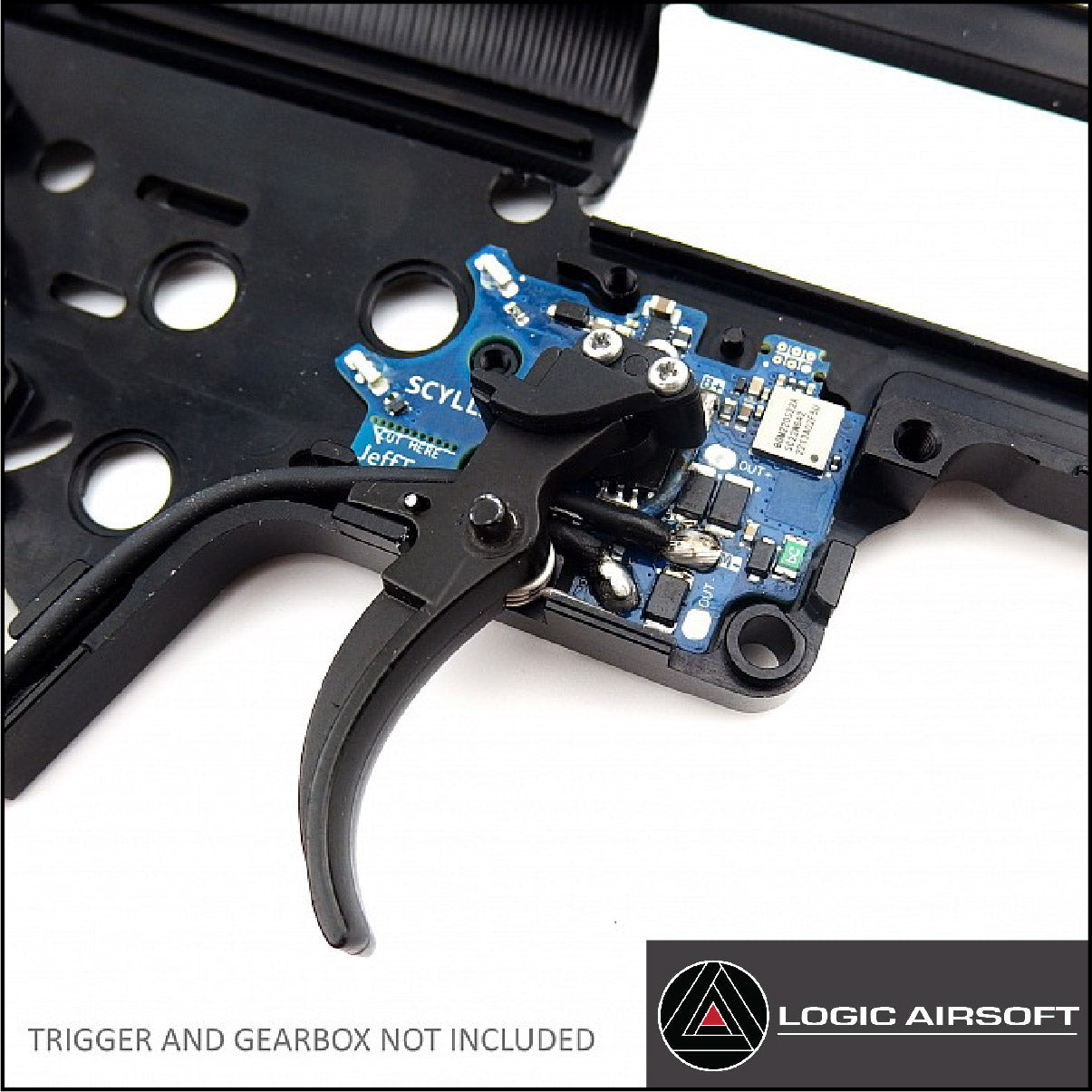 Drop-in MOSFET module with blue circuit board, connector pins, and black trigger cable