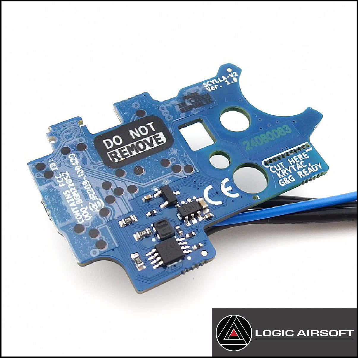 Blue Scylla MOSFET PCB with warning label, ICs, and signal leads