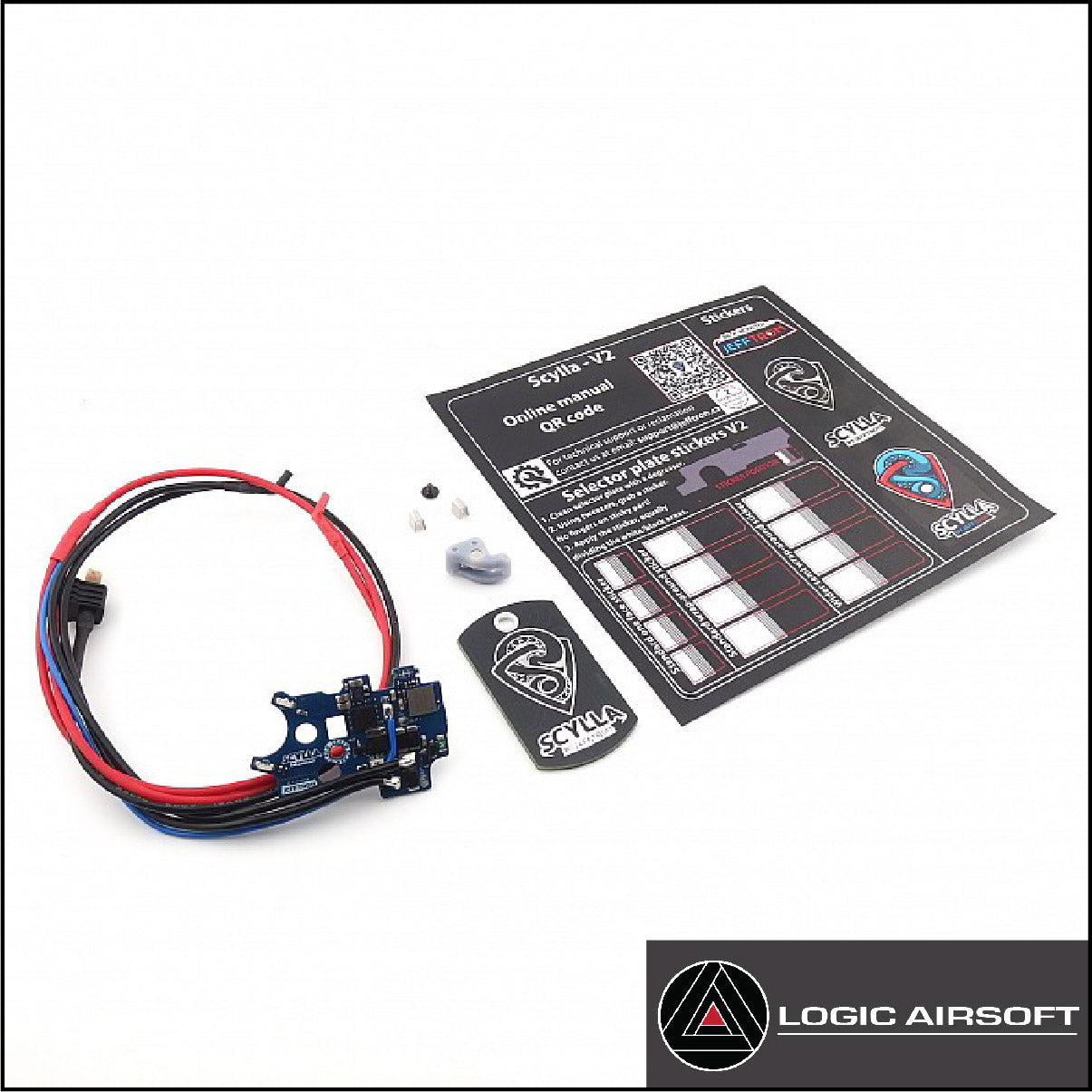 Programmable MOSFET module kit with blue PCB, red/black wires, and selector manual card